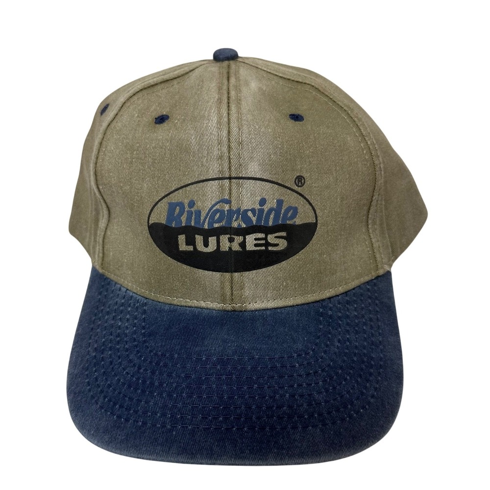 Riverside Lures Fishing Hat Khaki Navy Blue Cotton Adjustable Baseball Cap 7400